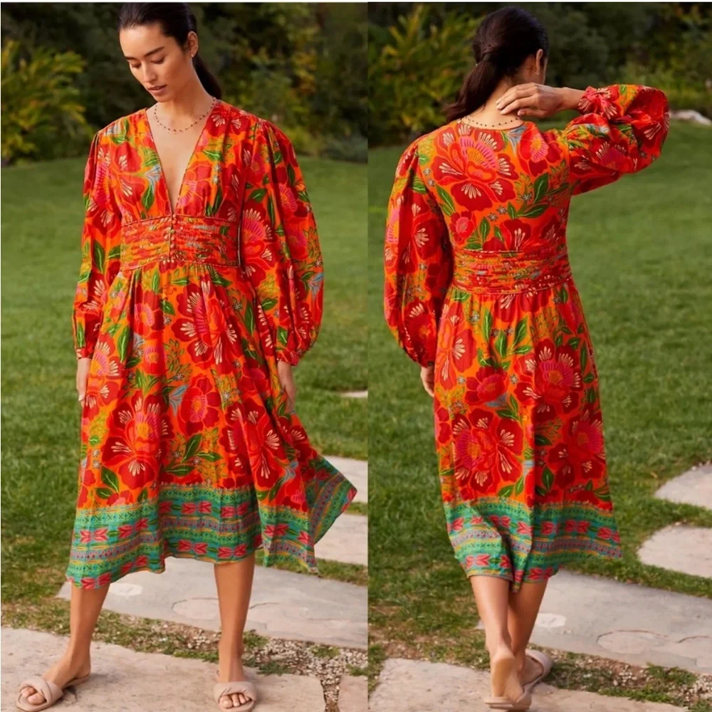FARM RIO for Anthropologie Tropical Floral Linen Deep V Midi Dress